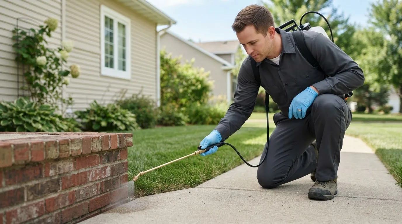 Pest control technician treating a home near Wolford, ND
