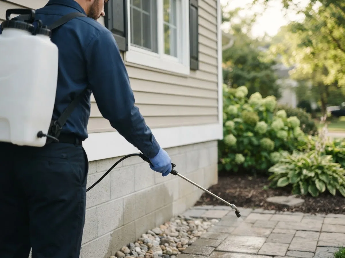 Pest control technician inspecting a home in Wolford, ND